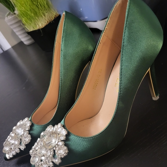 Green Satin Embellished Heels - Picture 2 of 3